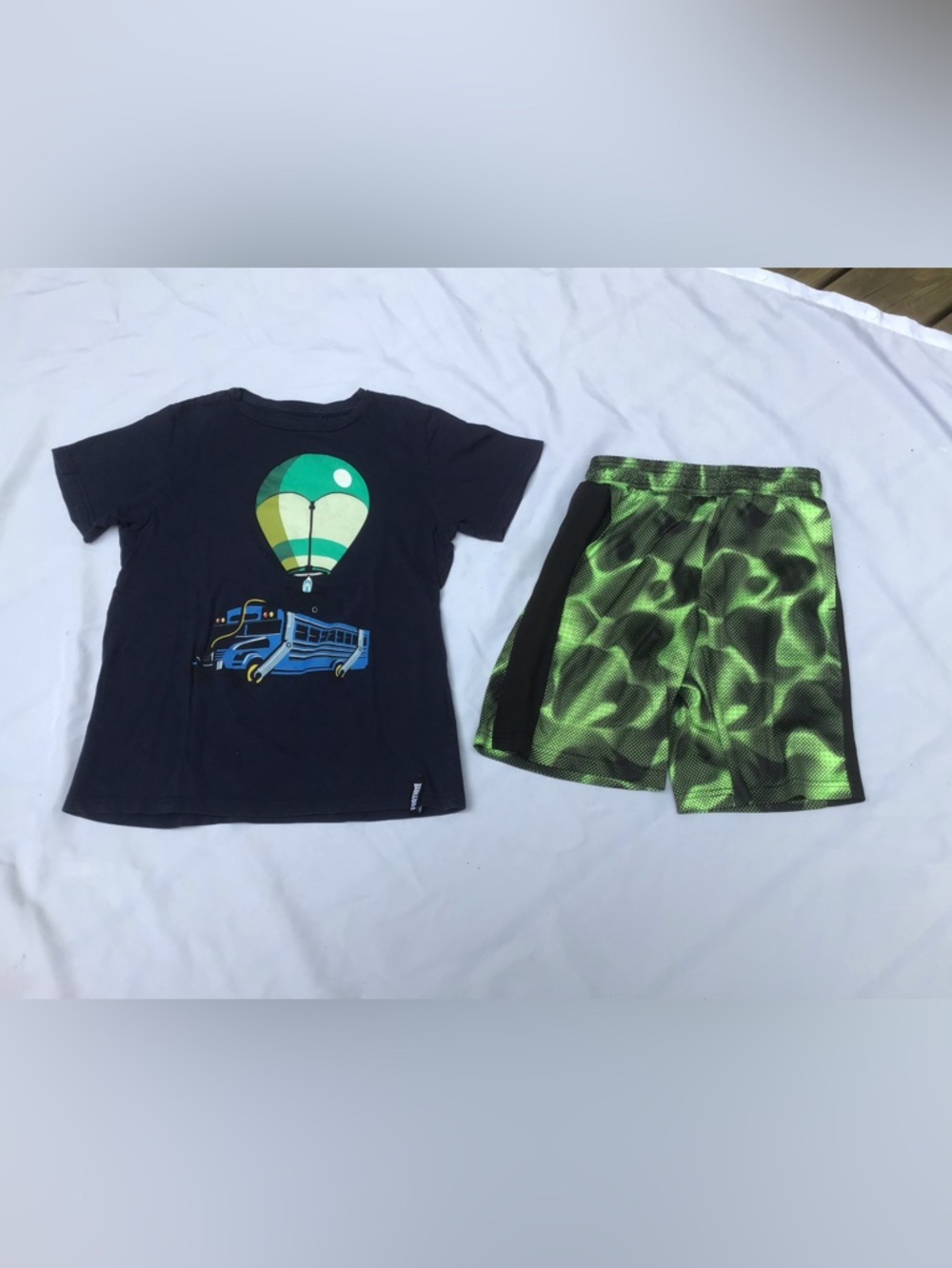 Fortnite Battle Bus Tee  &  Athletic Shorts Size L, 10/12 + Free Adidas Shorts